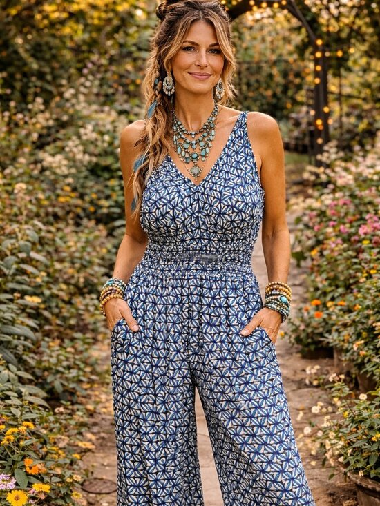 Pants - Blue Geometric Jumpsuit with Smocked Waist and pockets!